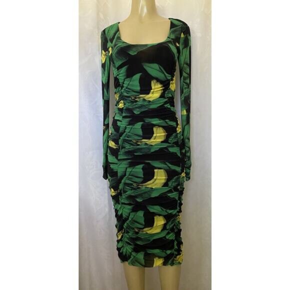 Ganni U neck Dress Banana Print Yellow Green Mesh Ruched Gathered Sheath… - Picture 3 of 9